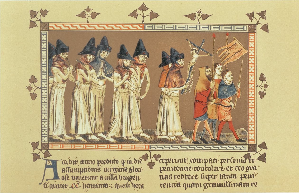 De Flagellanten in Doornik in 1349, kopie van een miniatuur uit de Kroniek van Aegidius Li Muisis door French School