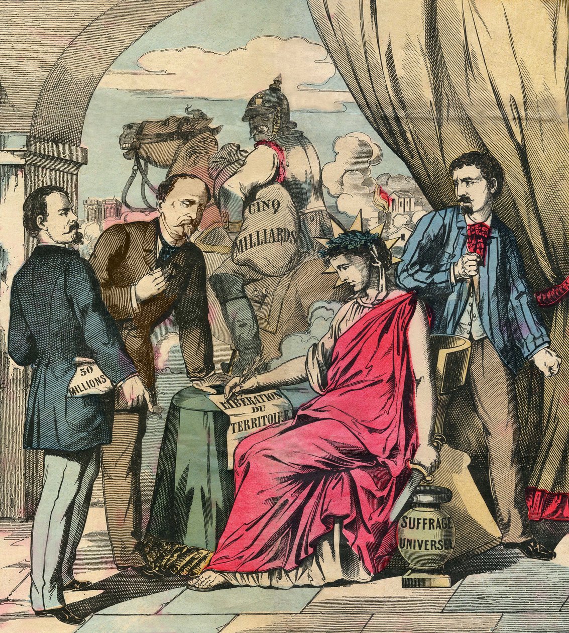 Het Verdrag van Frankfurt ondertekend op 10 mei 1871 beëindigde de Frans-Duitse oorlog, na onderhandelingen tussen Adolphe Thiers en Otto von Bismarck: Frankrijk moest Elzas en een deel van Lotharingen afstaan en 5 miljard frank betalen. Gravure, in 