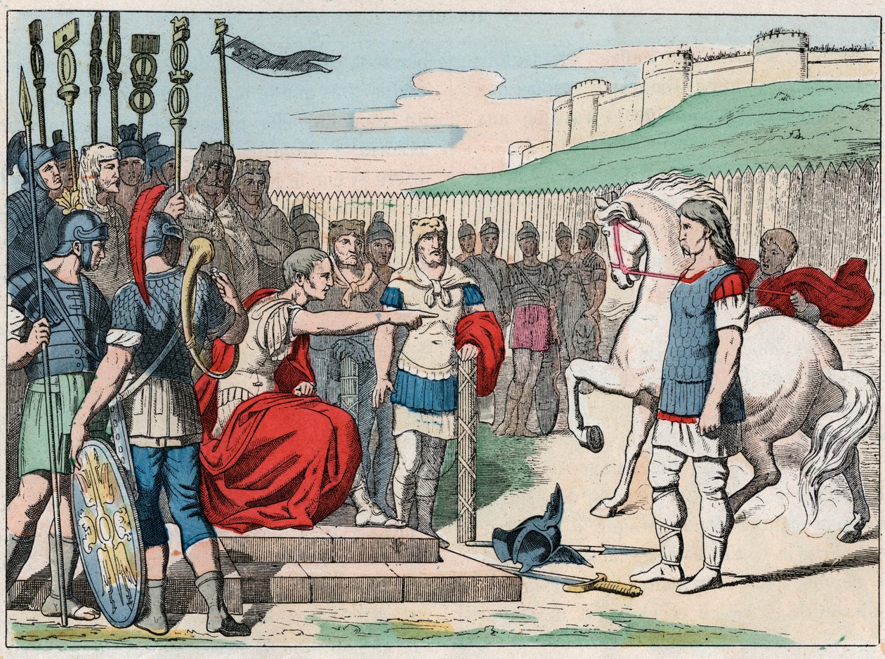 De Gallische chef Vercingetorix (80-46 v.Chr.) gaat naar Julius Caesar (100-44 v.Chr.) in Alesia in 52 v.Chr. - Gravure van het einde van de 19e eeuw in 