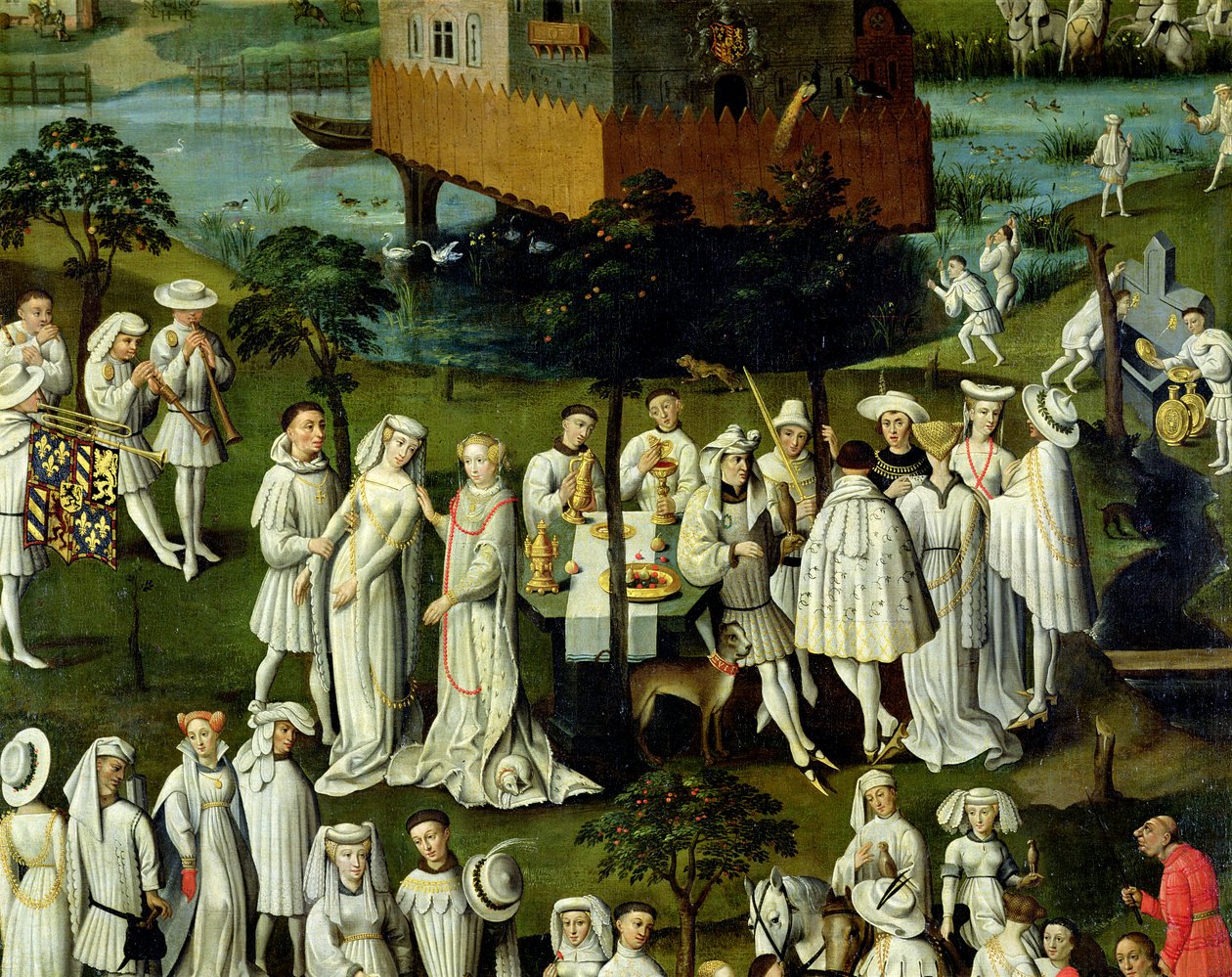 De tuin der liefde aan het hof van Filips de Goede, in de tuinen van het Château de Hesdin in 1431 (detail) door French School