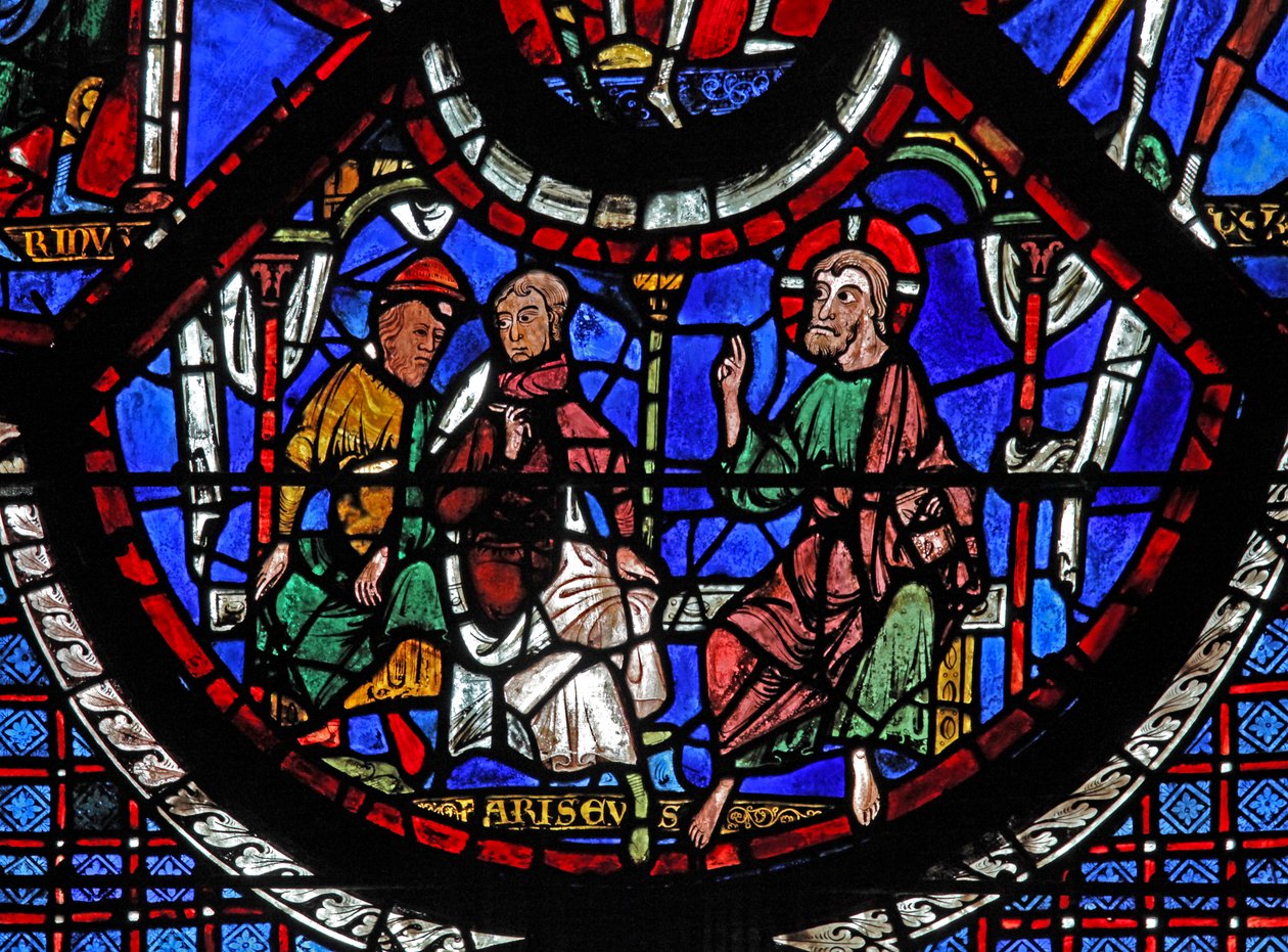 Het raam van de barmhartige Samaritaan: Christus vertelt de gelijkenis van de barmhartige Samaritaan door French School