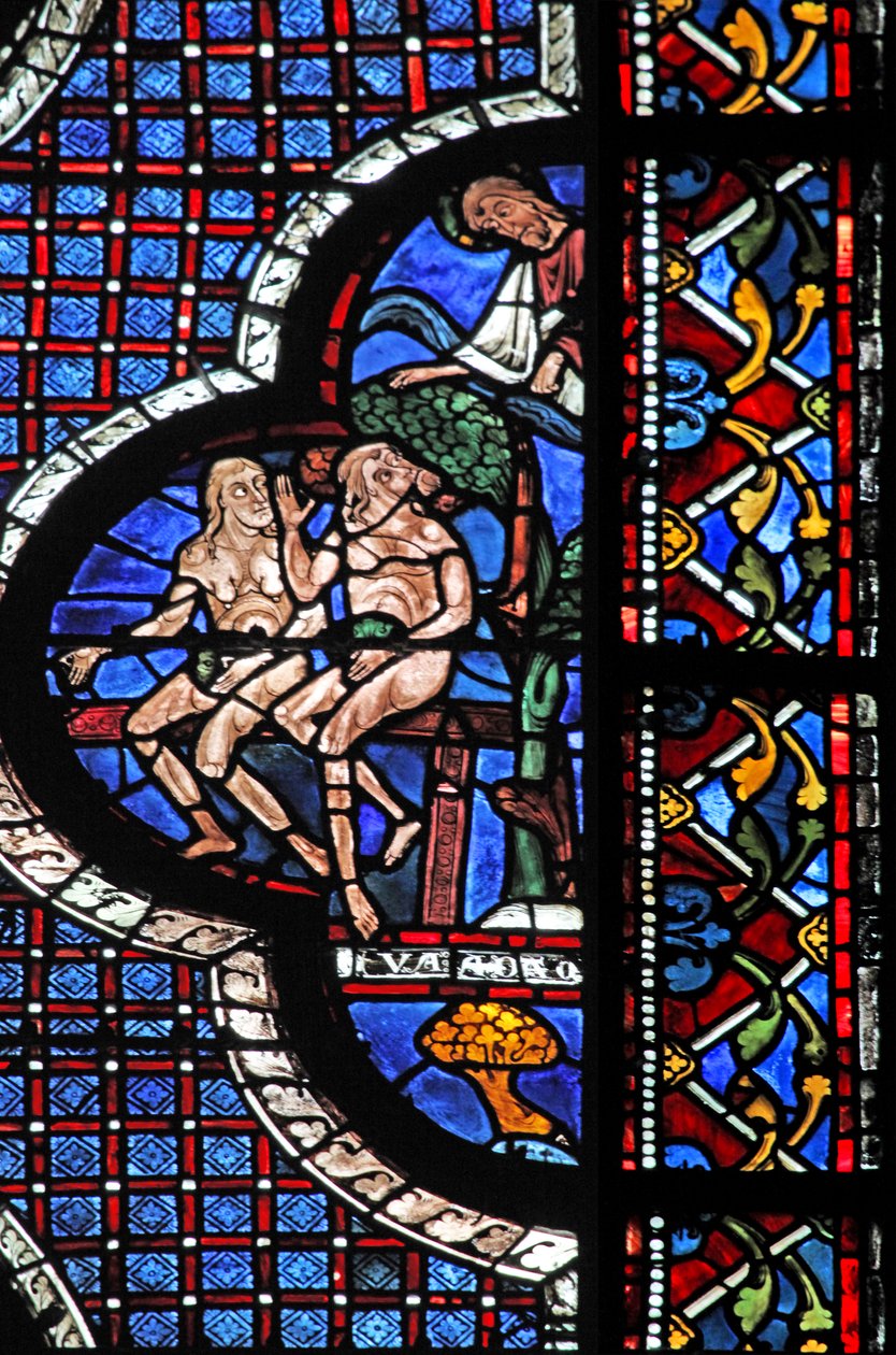 Het raam van de barmhartige Samaritaan: God roept Adam en Eva (met vijgenbladeren) door French School