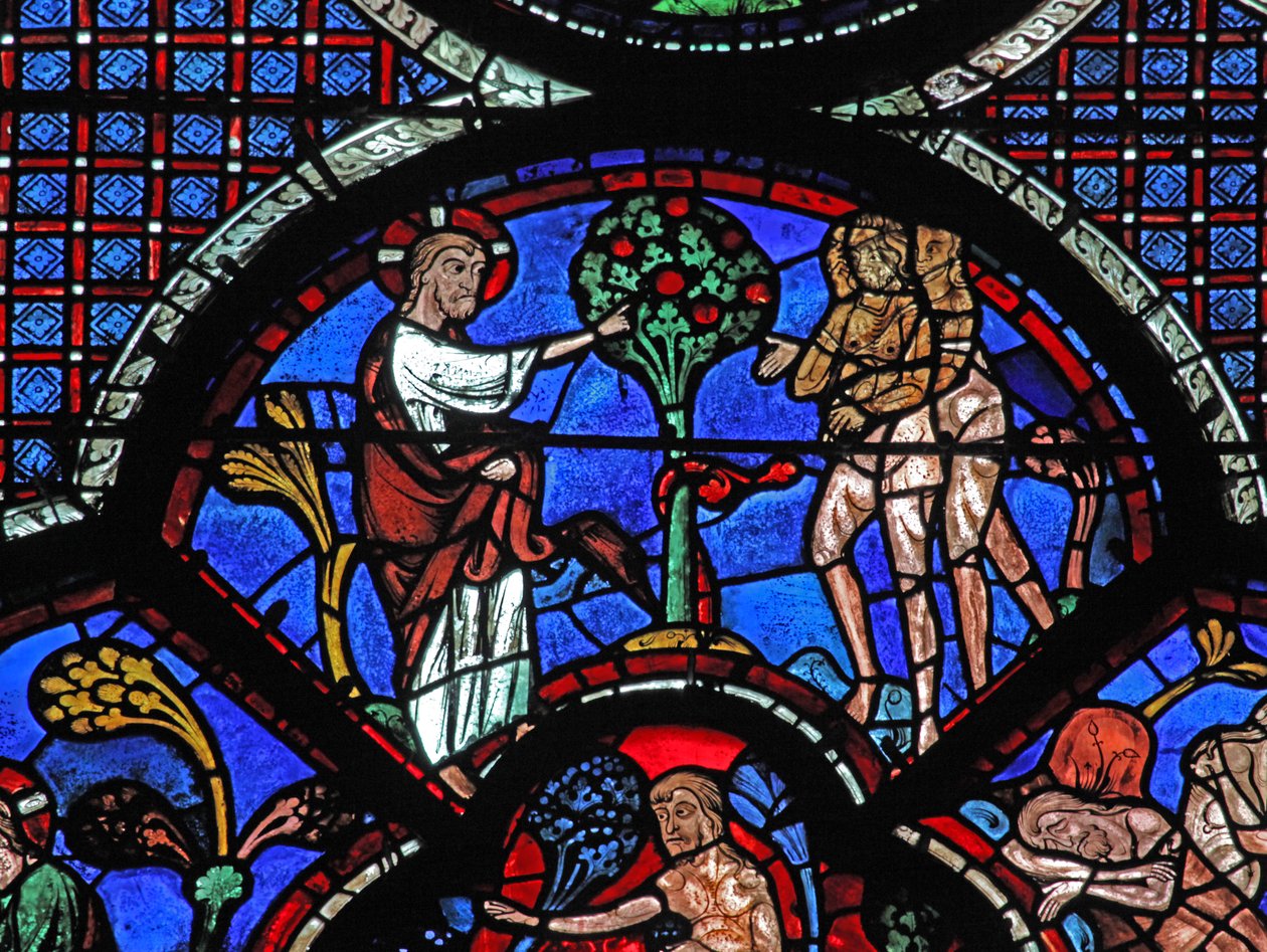 Het raam van de barmhartige Samaritaan: God verbiedt Adam en Eva de vrucht van de boom te eten door French School