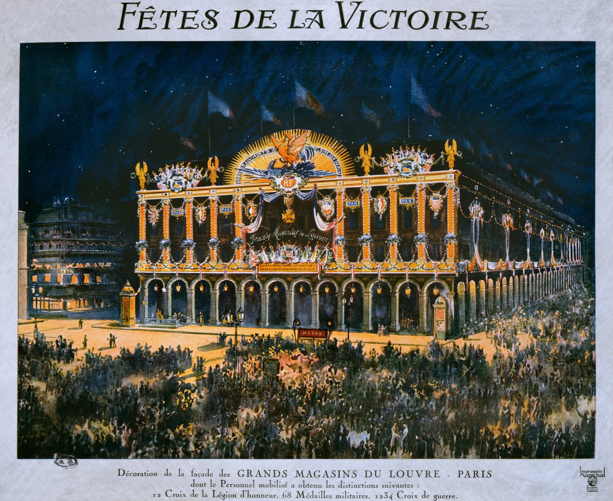 De Grands Magasins du Louvre versierd voor de viering van de overwinning van 1918, 14 juli 1919 door French School