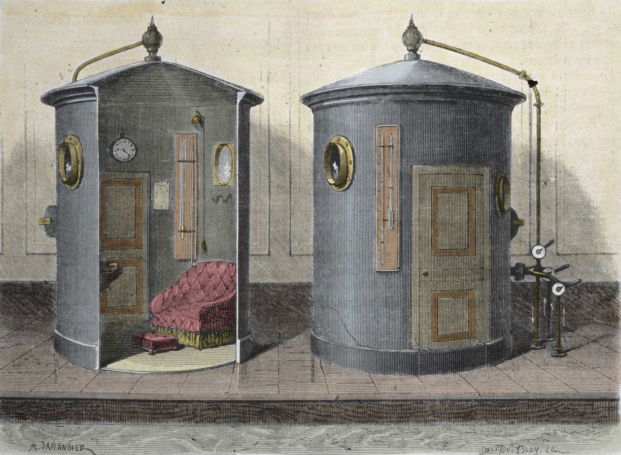 De hyperbare kamer door Paul Bert (1833-1887) fysioloog en Franse politicus. Gravure uit 1855. door French School