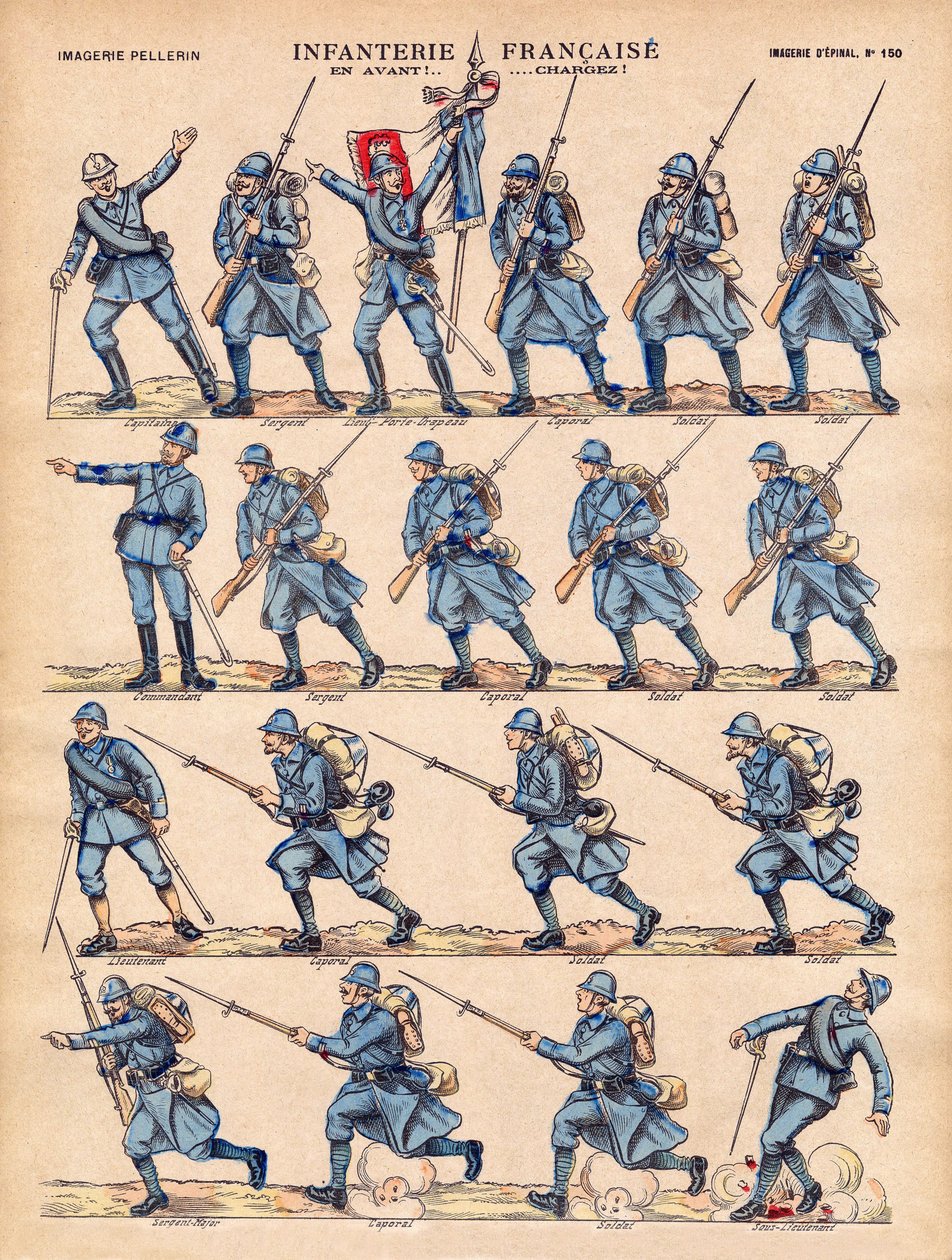 De Infanterie van het Franse Leger laadt. Beeld van Epinal, begin 20e eeuw. door French School