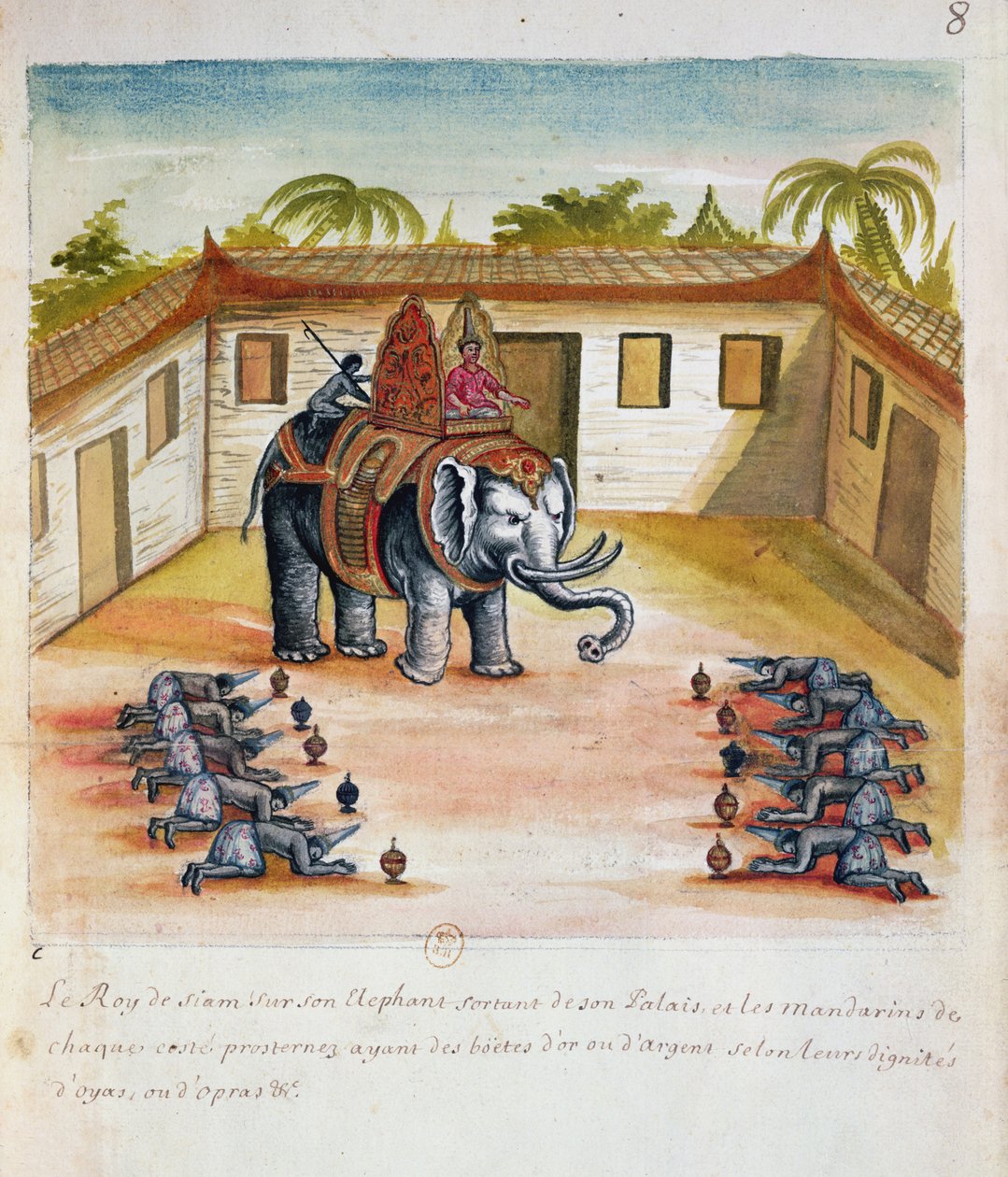 De koning van Siam op zijn olifant, uit een verslag van de Jezuïeten in Siam, 1688 door French School