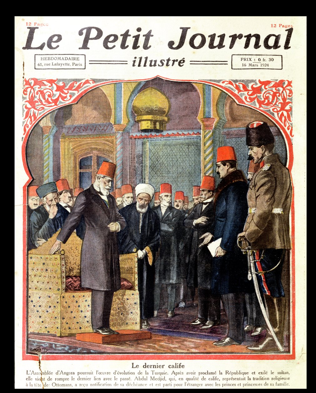 De laatste kalief, Abdul Majid II (1868-1944) afgezet van de troon door de Ankara Vergadering, uit Le Petit Journal, 1924 door French School