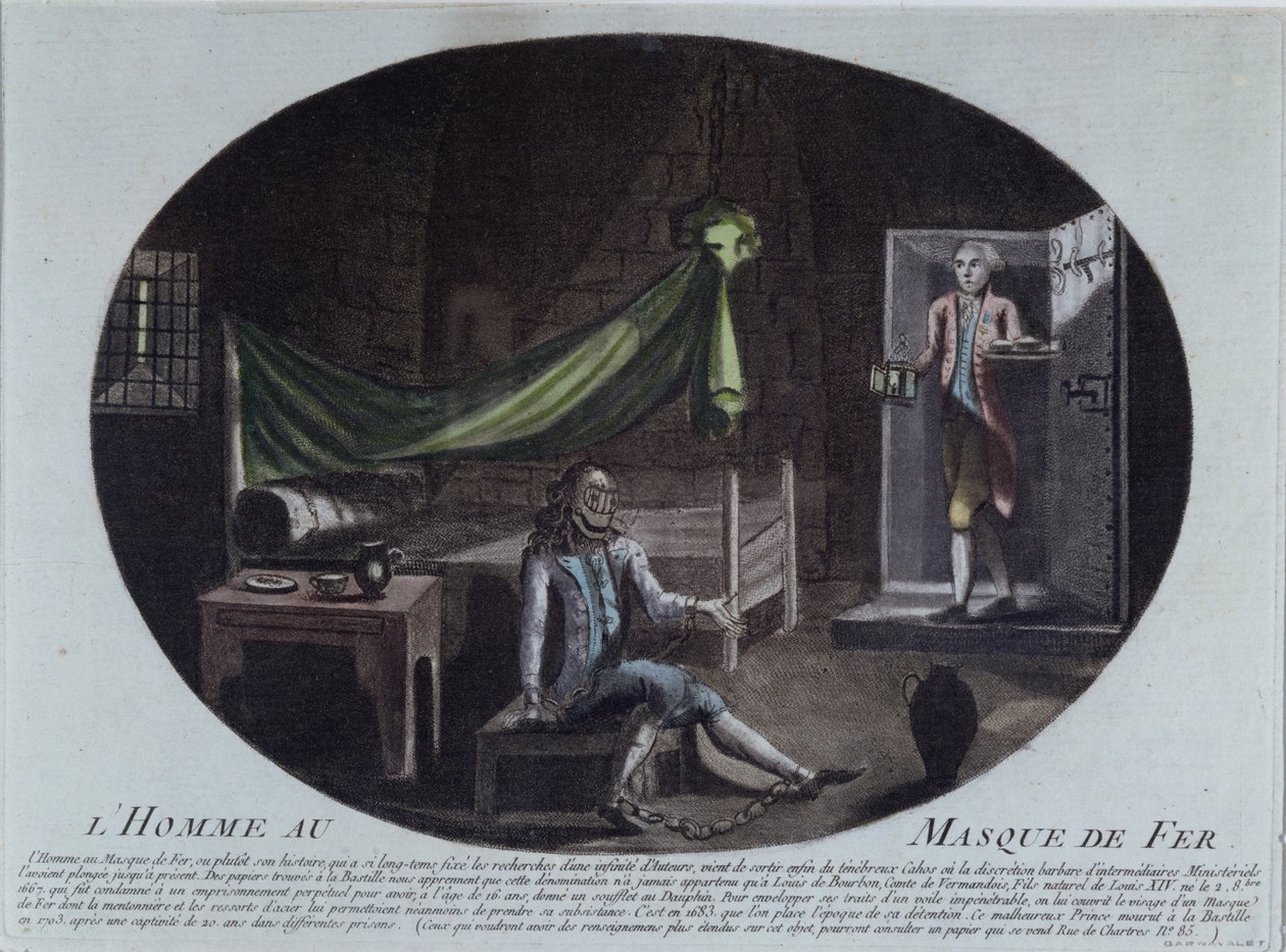 De man met het ijzeren masker (d.1703) gevangen in de Bastille, prent van 1789-90 die hem identificeert als Louis de Bourbon, graaf van Vermandois, zoon van Lodewijk XIV (1638-1715) en Louise de la Valliere door French School