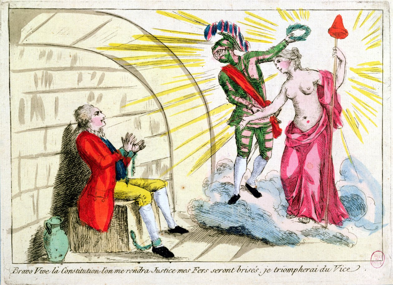 De man met het ijzeren masker bevrijd door de revolutie, allegorische voorstelling van de Franse grondwet door French School