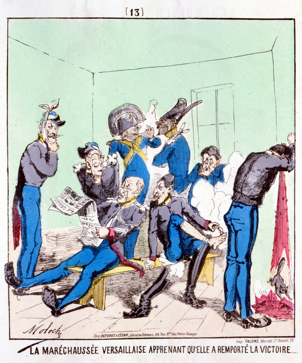 De Maréchaussée Versailles leert dat ze de overwinning heeft behaald... Cartoon over de Parijse Commune, circa 1870 door French School