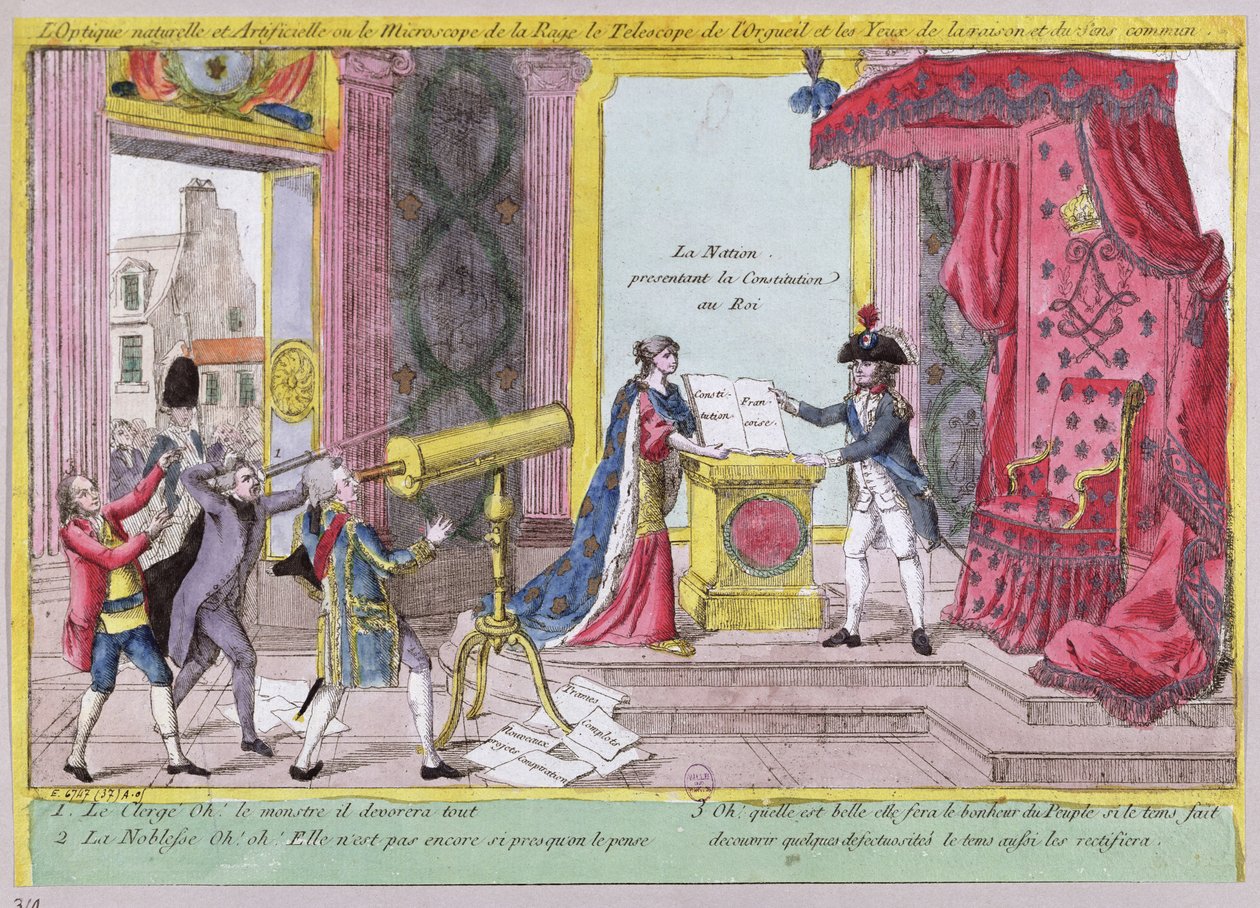De microscoop van woede, de telescoop van trots en de ogen van rede en gezond verstand, karikatuur van de reactie van de adel en geestelijkheid op de Franse Grondwet, c.1791 door French School