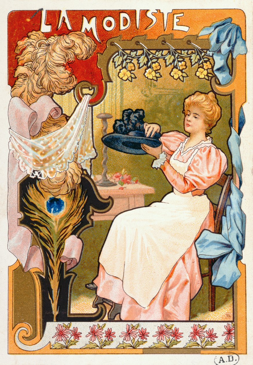 De Hoedenmaakster, uit een serie lithografieën die verschillende beroepen uitbeelden, 1899 door French School