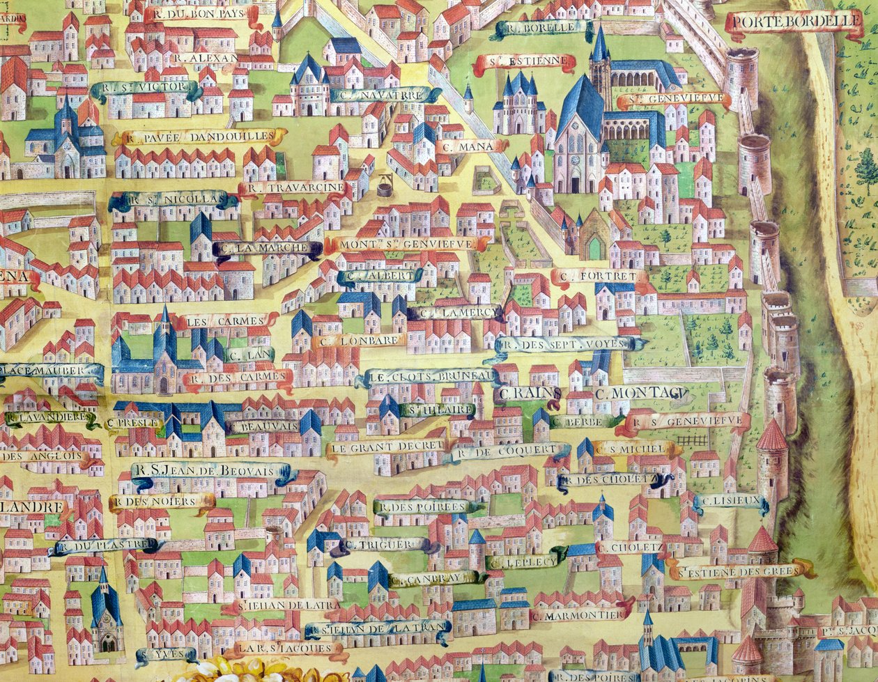 De Montagne Sainte-Genevieve, detail van het plan van Parijs gemaakt c.1540, genaamd Plan de la Gouache, c.1860 door French School