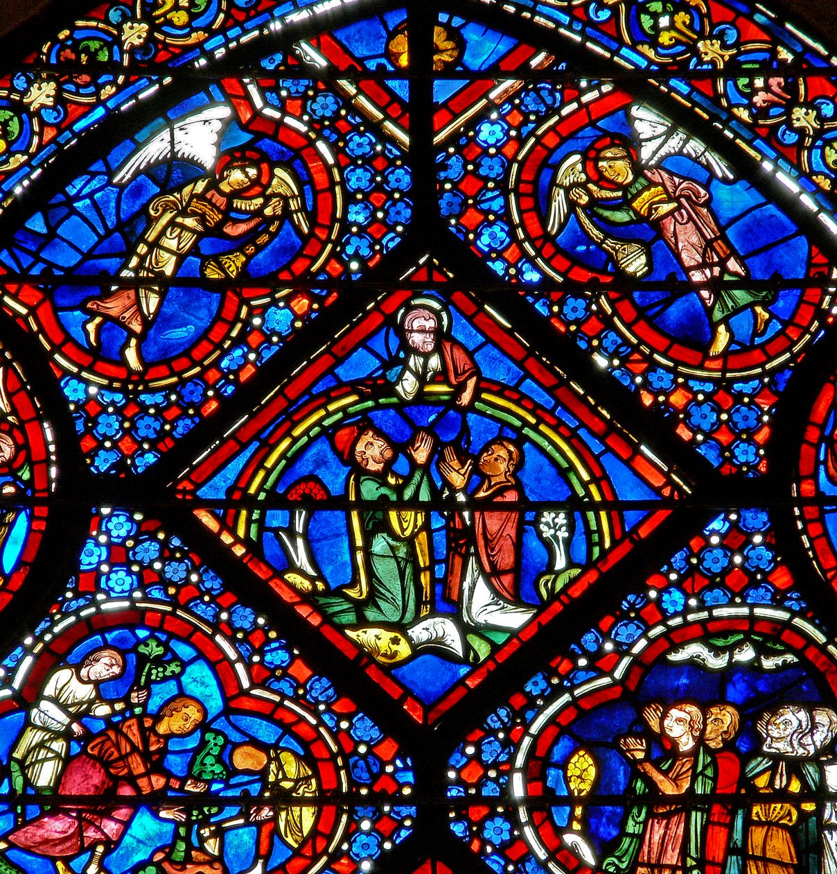 Het Noach-raam: God op een regenboog belooft het nooit meer te doen door French School