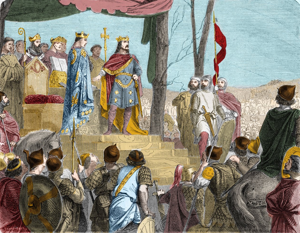 De eden van Straatsburg tussen Lodewijk de Duitser (876), heerser van Oost-Frankrijk, en zijn halfbroer Karel de Kale (? 877), heerser van West-Francië - De eed van Straatsburg: verdrag van Verdun, 843. De zonen van Lodewijk de Vrome verdeelden het grondge door French School