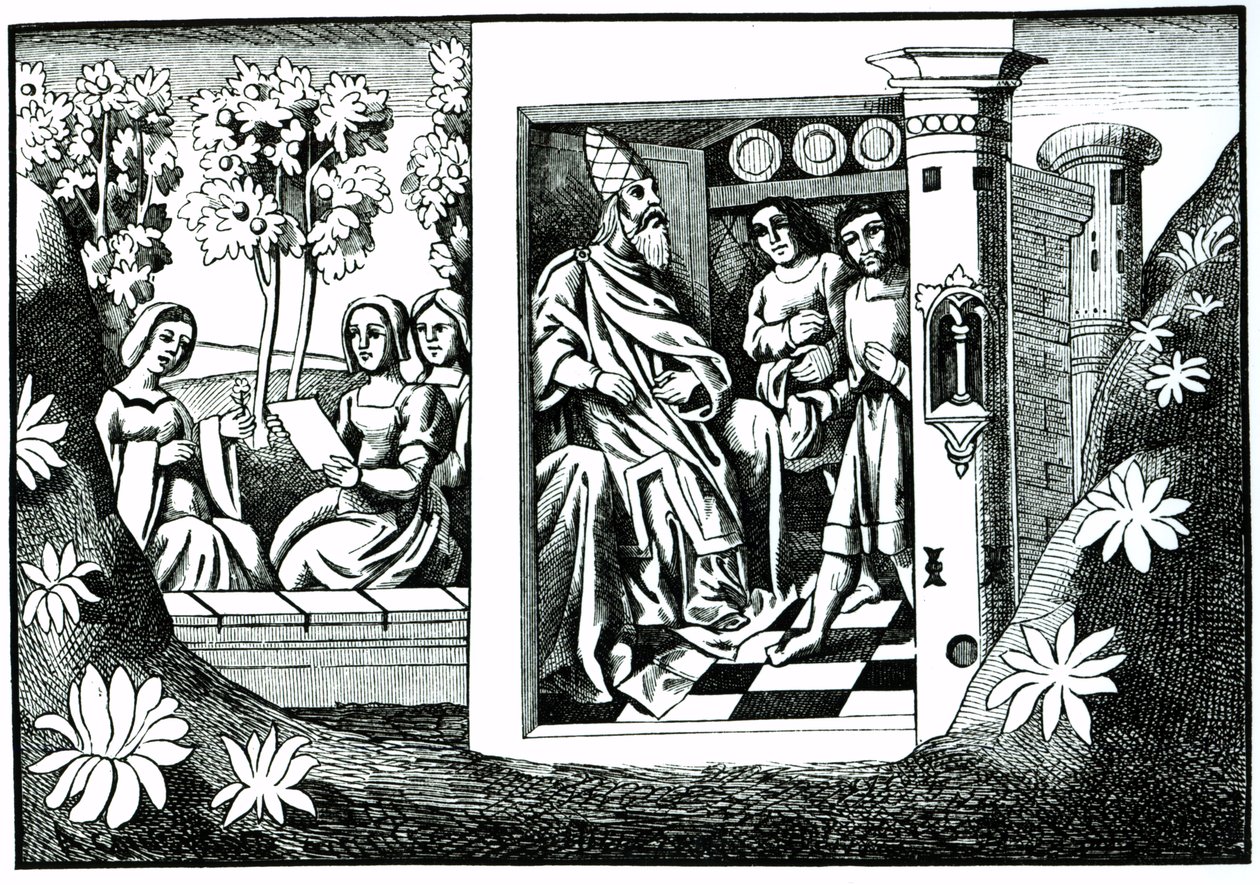 De oude man van de berg geeft bevelen aan zijn volgelingen, uit De reizen van Marco Polo, gekopieerd door Albert Coinchon van het originele manuscript door French School