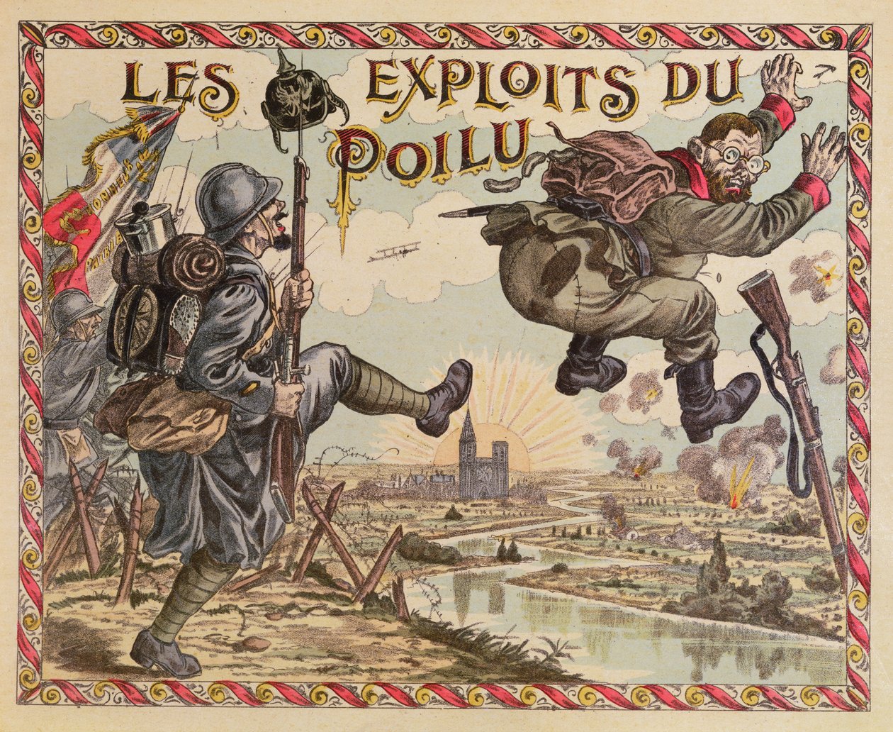 De prestaties van de Poilus, het duwen van de Duitsers voorbij de Rijn, omslag van een bordspel, ca. 1914-15 door French School