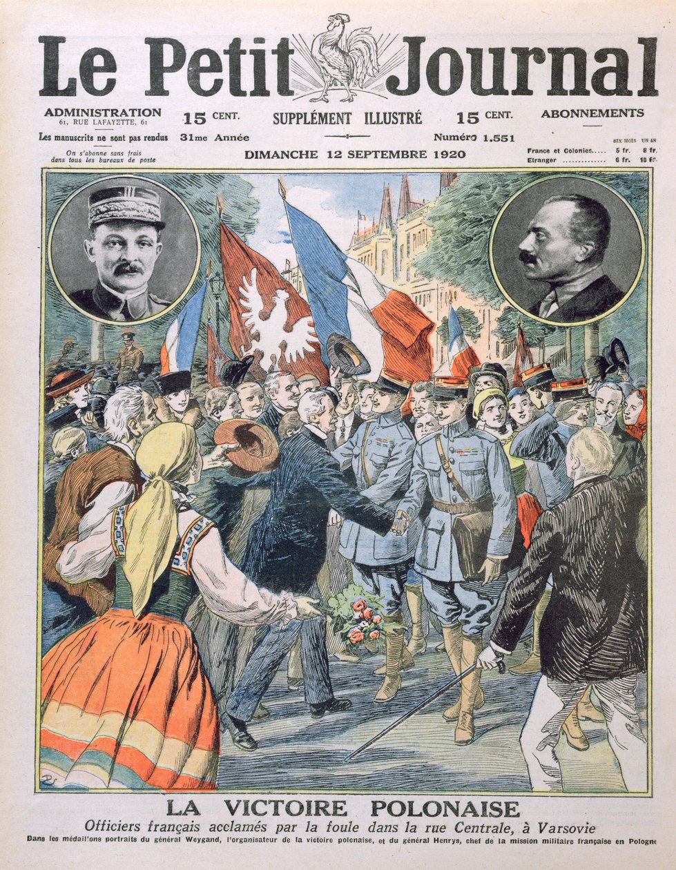 De Poolse Overwinning, Franse officieren worden toegejuicht door de menigte in de Centrale Straat in Warschau, omslagillustratie van Le Petit Journal, 12 september 1920 door French School