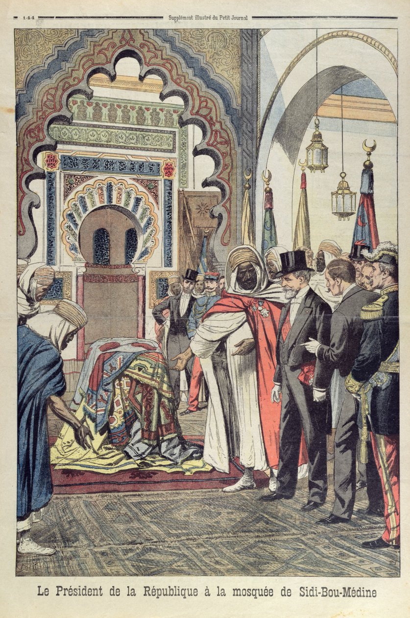 De president van de Franse Republiek, Emile Loubet (1838-1929) bezoekt de Moskee van Sidi Bou Medine, Tlemcen, Algerije, illustratie uit Le Petit Journal, 3 mei 1903 door French School