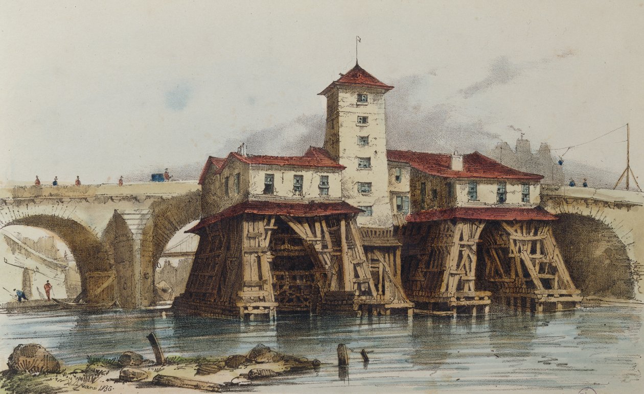 De pomp van Pont Notre Dame, 1836 door French School