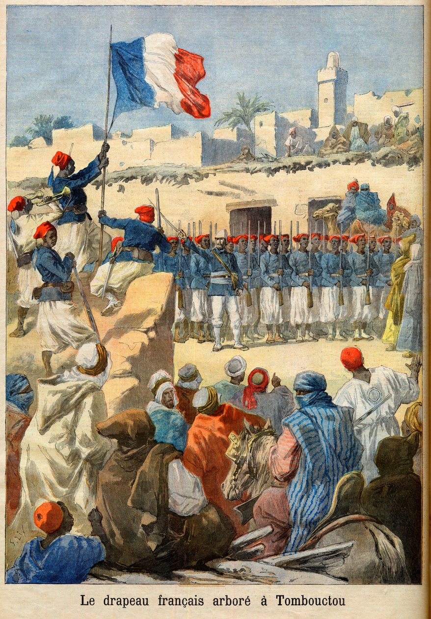 Het hijsen van de Franse vlag in Timboektoe (Mali) door French School