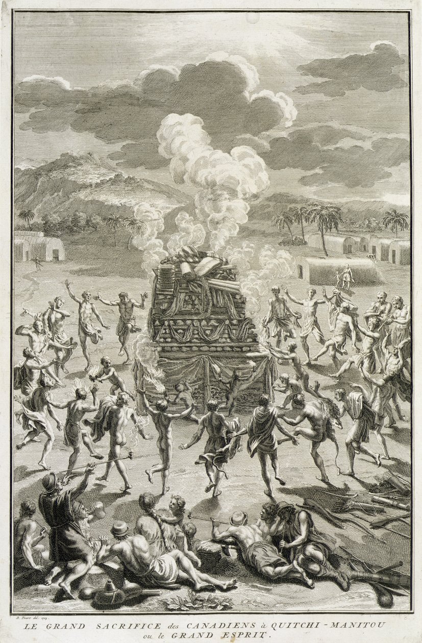 Het Offer aan Quitchi-Manitou, of De Grote Geest, door de Canadezen, illustratie uit Religieuze Ceremoniën en Gebruiken, gegraveerd door Bernard Picart (1673-1733) 1723 door French School