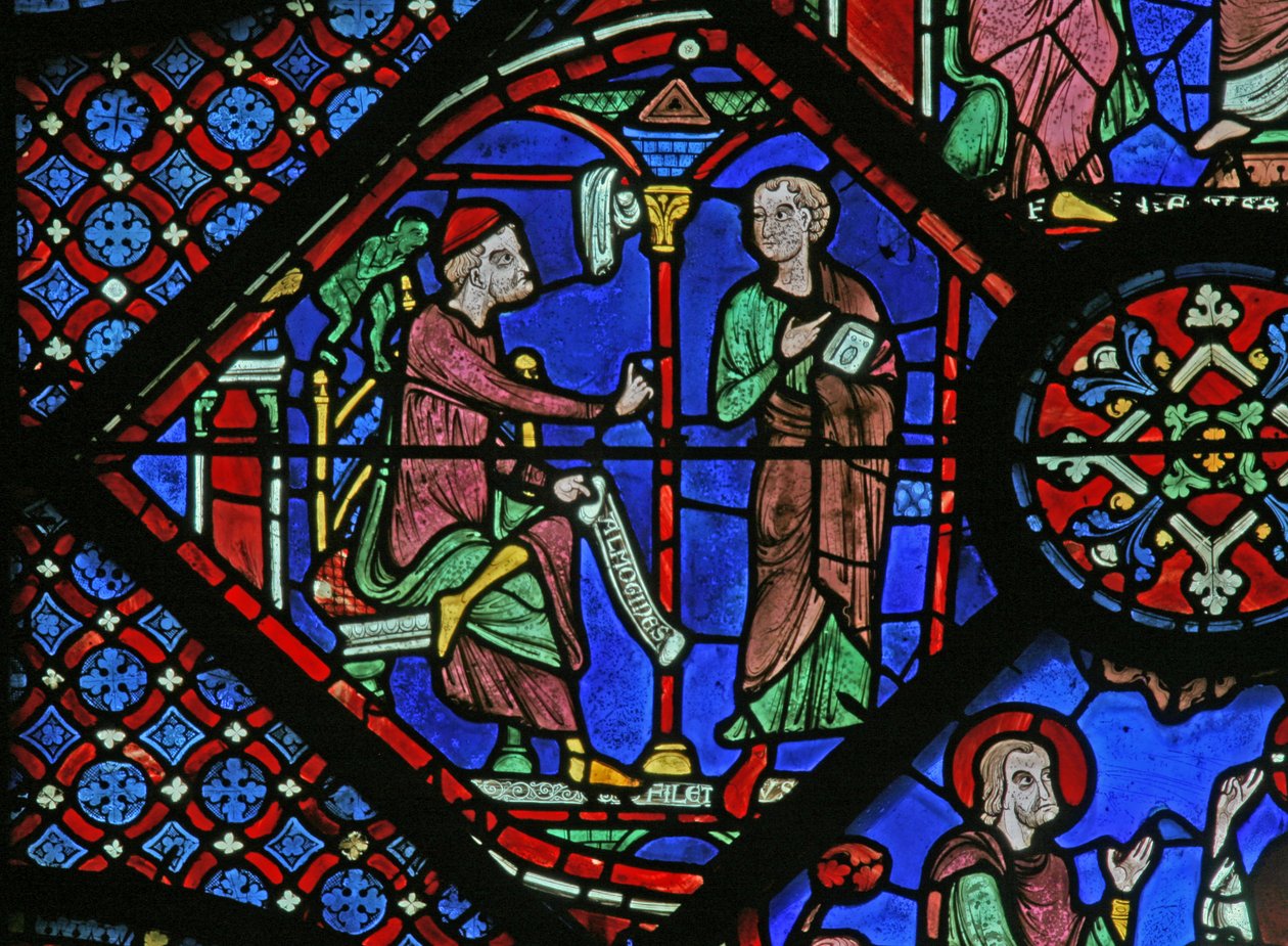 Het St. Jacobus raam: De magiër Almoniges (Hermoniges) stuurt zijn leerling Filetus naar St. Jacobus door French School