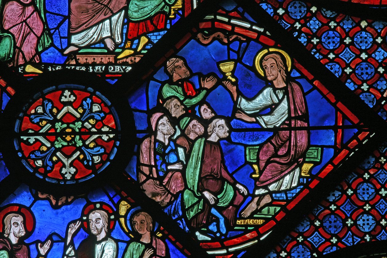 Het St. Jacobus raam: hij preekt in de synagoge door French School