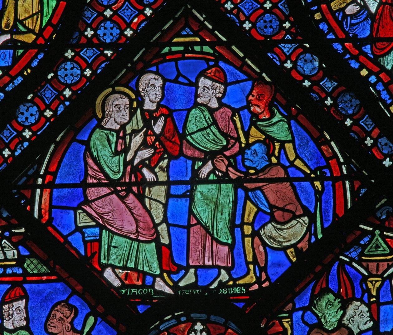 Het St. Jacobus raam: met Almongenes (Hermogines), Filetus en demonen door French School