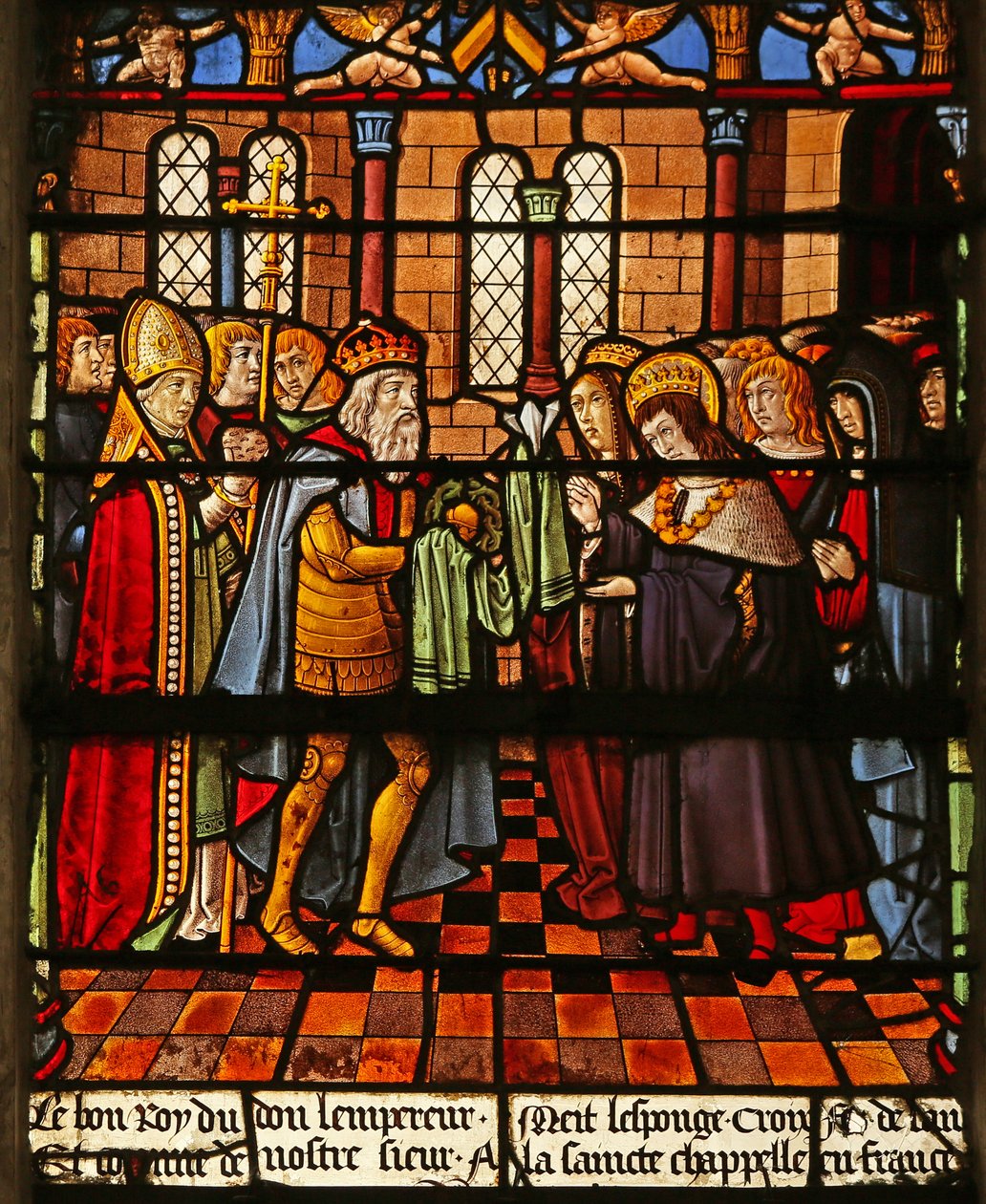 Het Sint Louis raam: De keizer biedt relikwieën van de Passie-instrumenten aan door French School