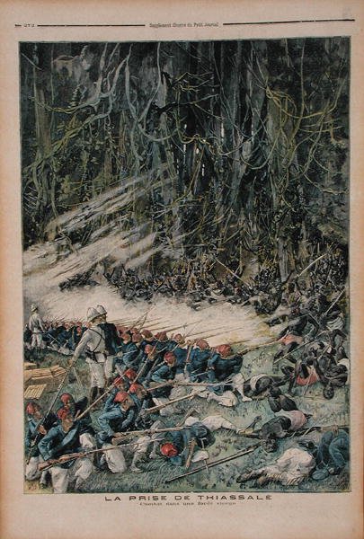 De Inname van Thiassale, de Slag in het Maagdelijke Regenwoud, illustratie uit Le Petit Journal, 26 augustus 1893 door French School
