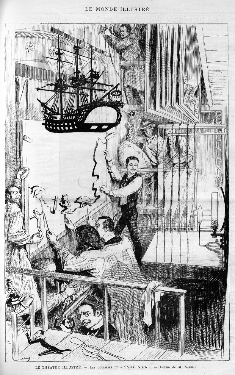 Het Theater illustreert: achter de schermen van de "Chat noir". Gravure in "Le monde illustré", 1888. door French School