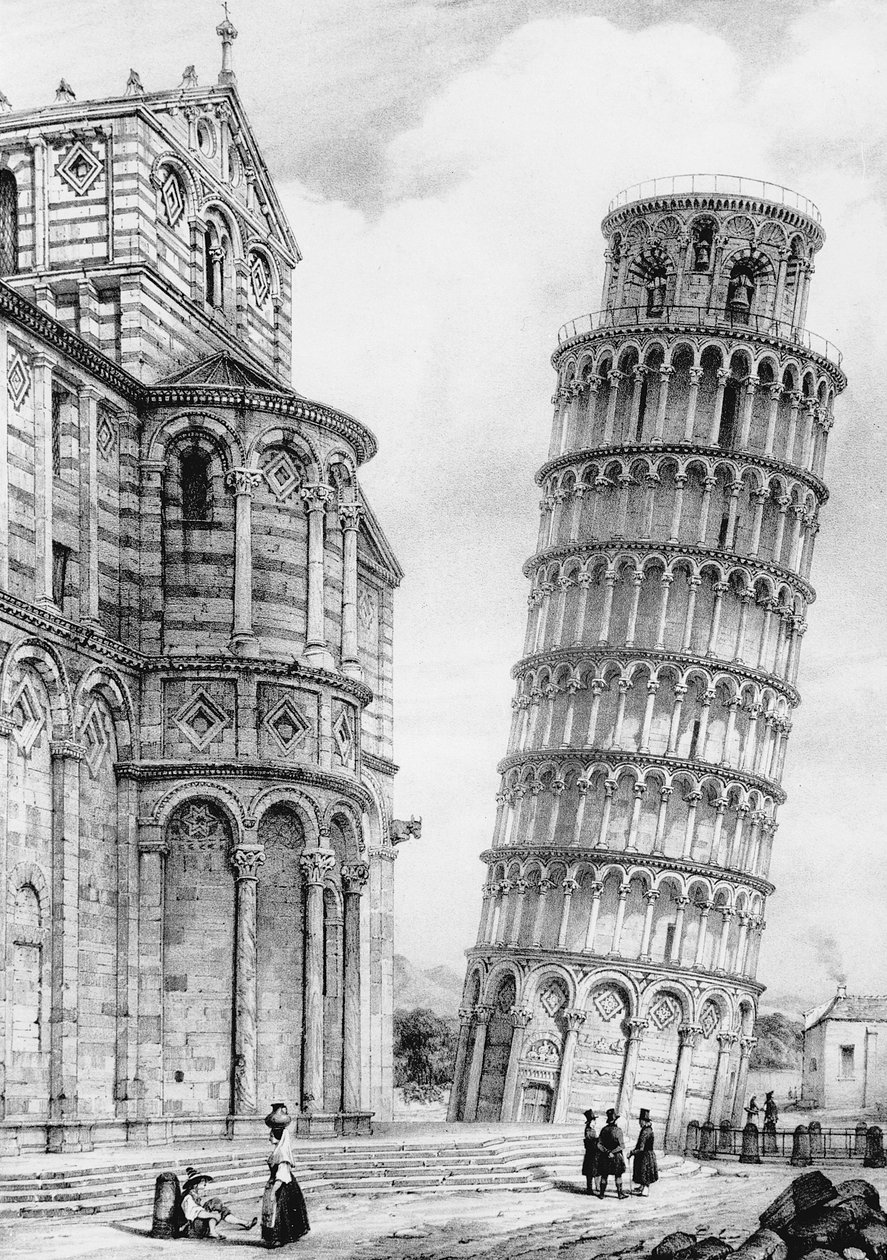 De Toren en de Kathedraal van Pisa (gravure) door French School