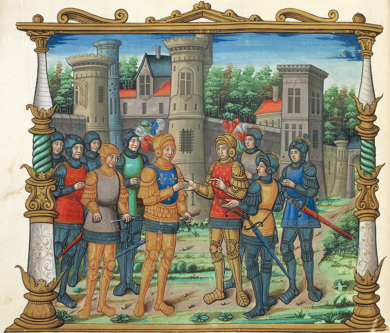 Het Verdrag van Conflans tussen Lodewijk XI en de Hertog van Bourgondië, miniatuur uit Memoires door Philippe de Commines door French School