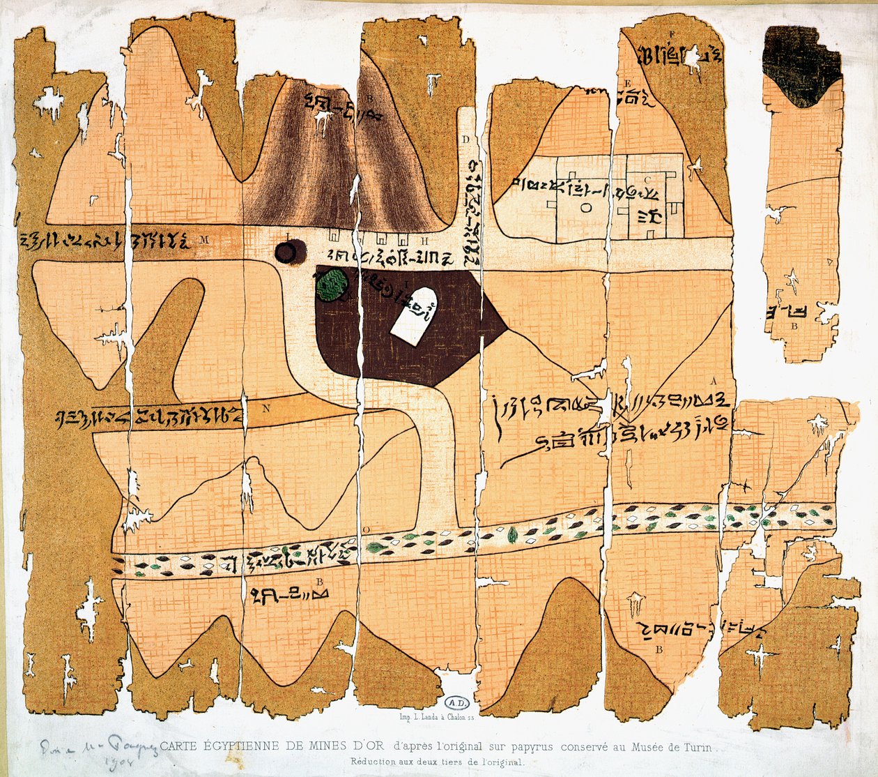De Turijn Papyrus, reproductie van een oude Egyptische kaart van goudmijnen gebaseerd op een originele papyrus van ca. 1300 v.Chr. bewaard in het Museo Egizio in Turijn door French School