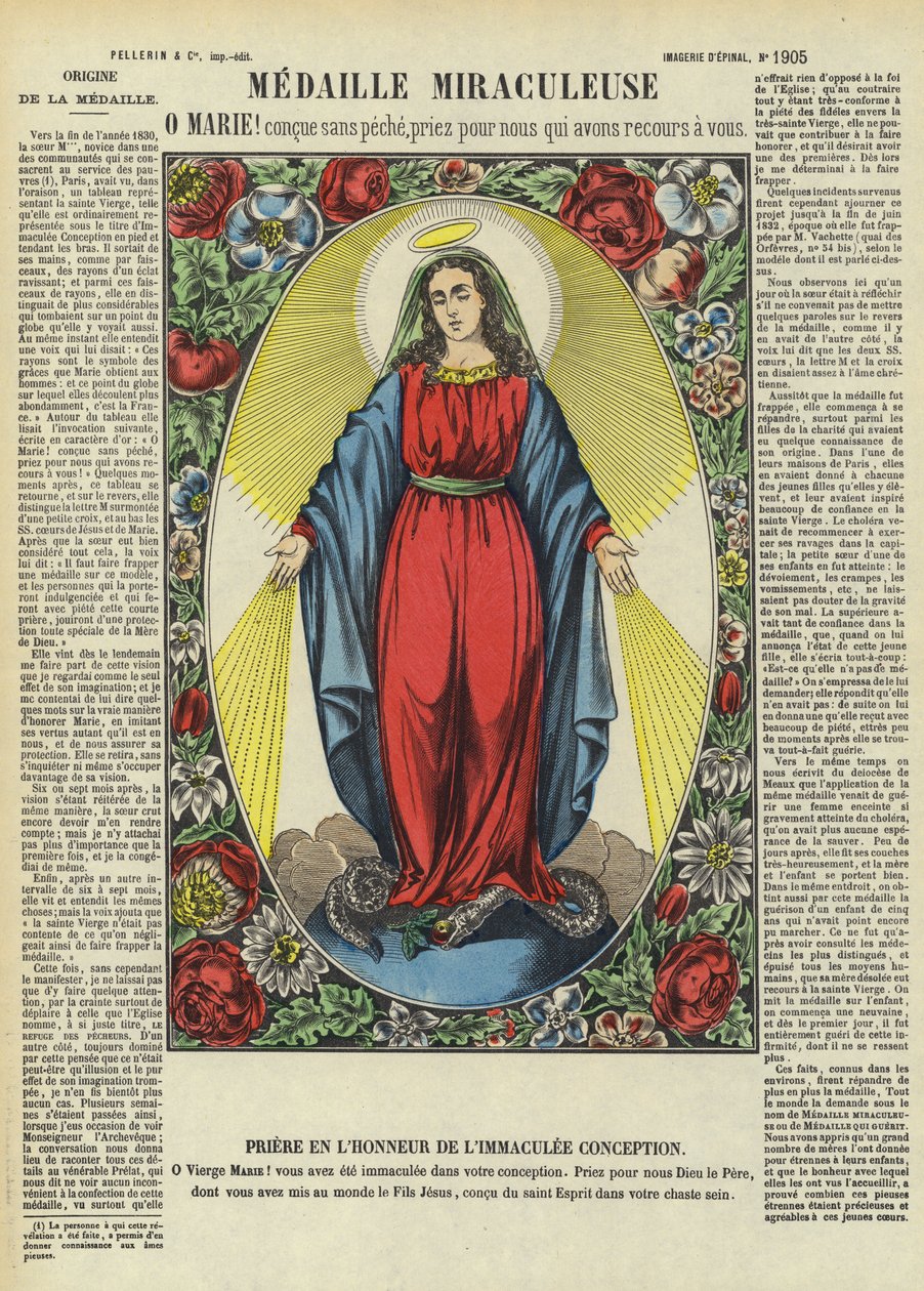 De Maagd Maria en de Wonderdadige Medaille (kleurenlitho) door French School