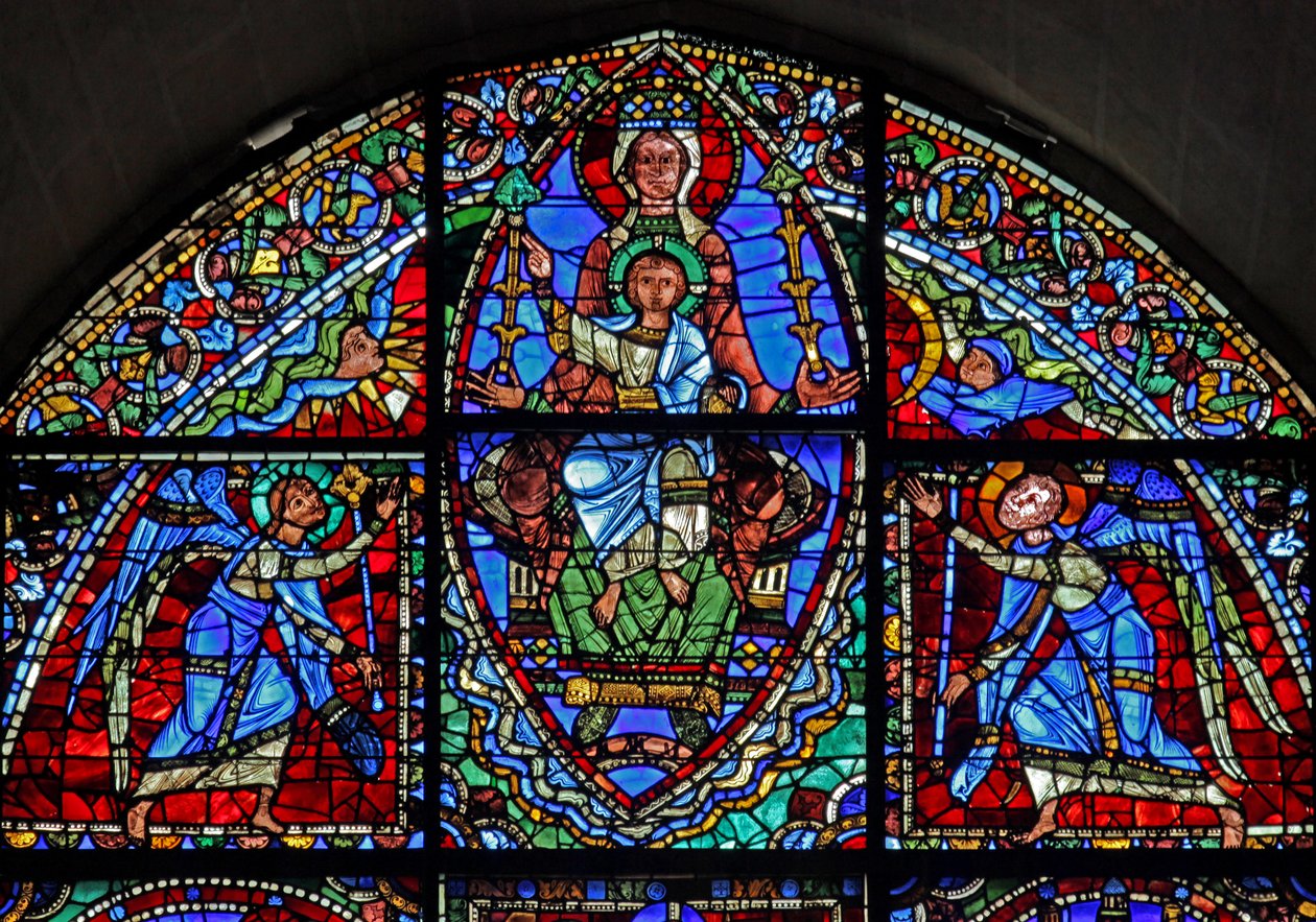 De Maagd Maria op de troon en Christus kind met twee engelen door French School