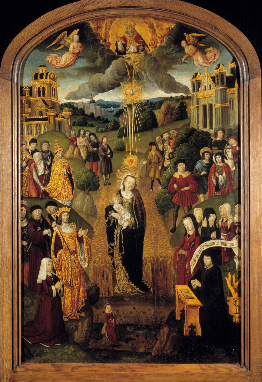 De Maagd met Tarwe Koning Lodewijk XII (1462-1515) en Paus Alexander VI (1431-1503) zijn aanwezig. Almachtige God houdt de wereldbol en zegent de scène terwijl de Heilige Geest de Maagd en het Kind beschermt door French School