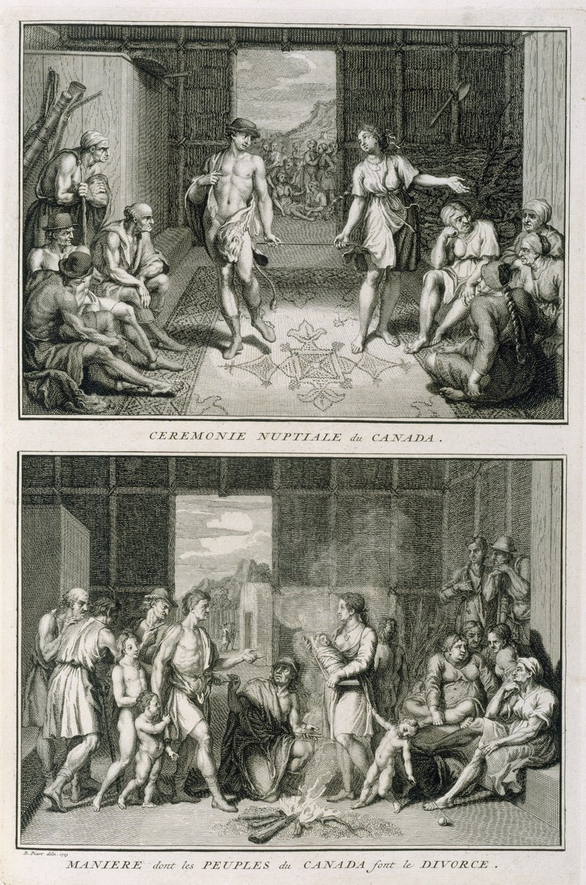 De Huwelijksceremonie en de Manier van Scheiden in Canada, illustratie uit Religieuze Ceremoniën en Gebruiken, gegraveerd door Bernard Picart (1673-1733) 1723 door French School
