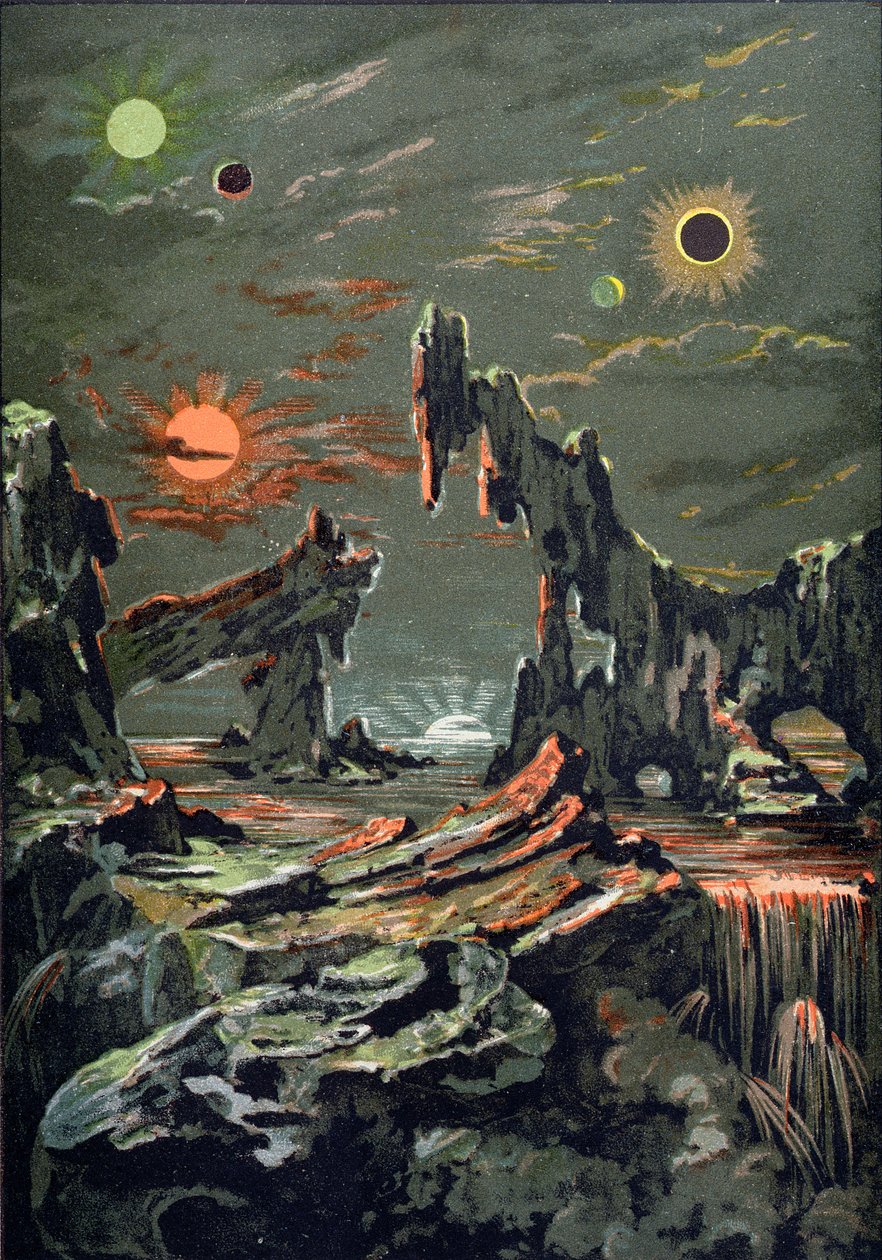 De Wereld van Vier Manen en Vier Zonnen, illustratie uit LAstronomie Populaire geschreven door Camille Flammarion (1842-1925) 1881 door French School