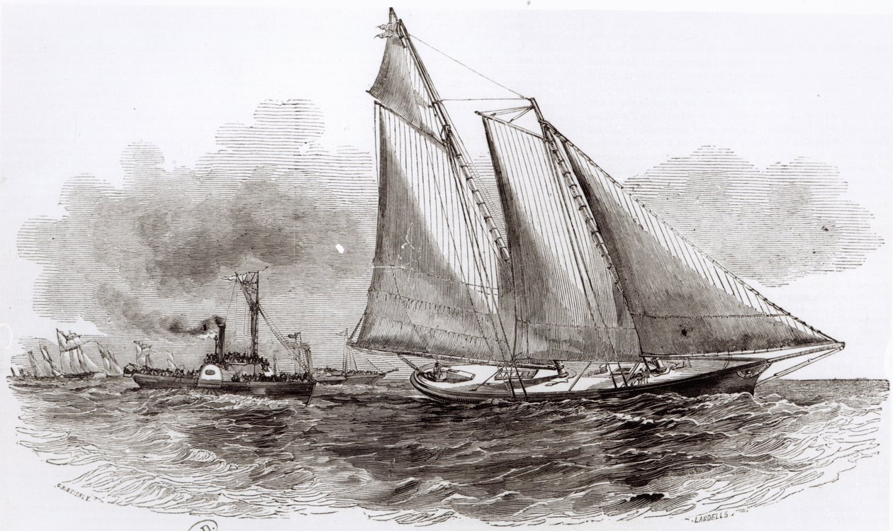 Het jacht America neemt de leiding in de Regatta van 1851 in Cowes, uit Le Monde Illustré door French School