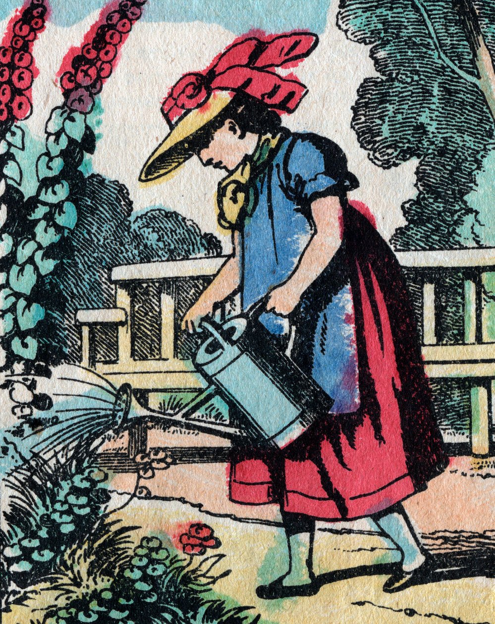 De activiteiten voor meisjes uit goede families: tuinieren leren - Epinal afbeelding - 19e eeuw (gravure) door French School