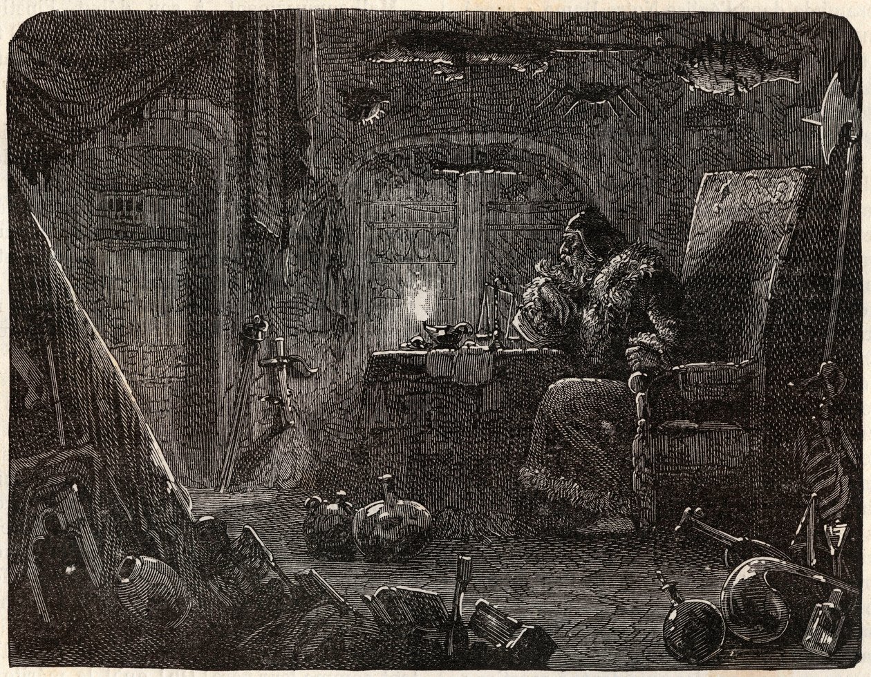 De alchemist, die beloofde goud te maken, werkt in zijn laboratorium: de Alchemist in de 17e eeuw - in "Parijs door de eeuwen heen" door Nicolas Jules Henri Gourdon de Kennouillac (1826-1898). door French School