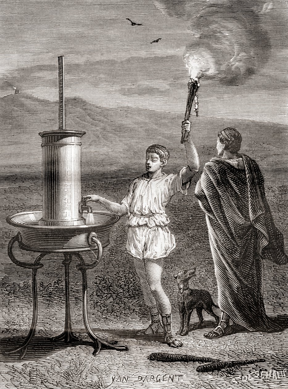 Het oude Griekse hydraulische semafoorsysteem gebruikt door Aeneas om een bericht te sturen, 4e eeuw v.Chr., uit Les Merveilles de la Science, gepubliceerd ca. 1870 door French School