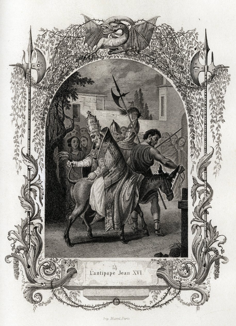 De tegenpaus Johannes XVI (997 tot 998). Gravure ter illustratie van Histoire des popes door Maurice Lachatre, librairie du progres, Parijs. door French School