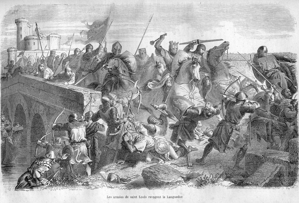 De legers van Saint Louis plunderen de Languedoc in de 13e eeuw - Gravure in 