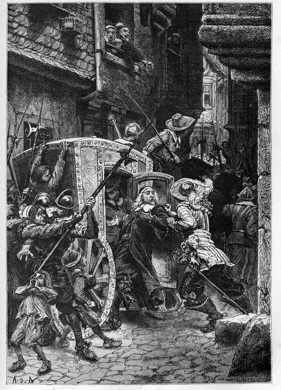De arrestatie van Pierre Broussel (1575-1654) in 1648, onder het bevel van Anne van Oostenrijk (1601-1666), wat de opstand van het volk veroorzaakte (dagen van de barricades) en de Fronde - Arrestatie van Pierre de Broussel, raadslid in het Parlement van P door French School