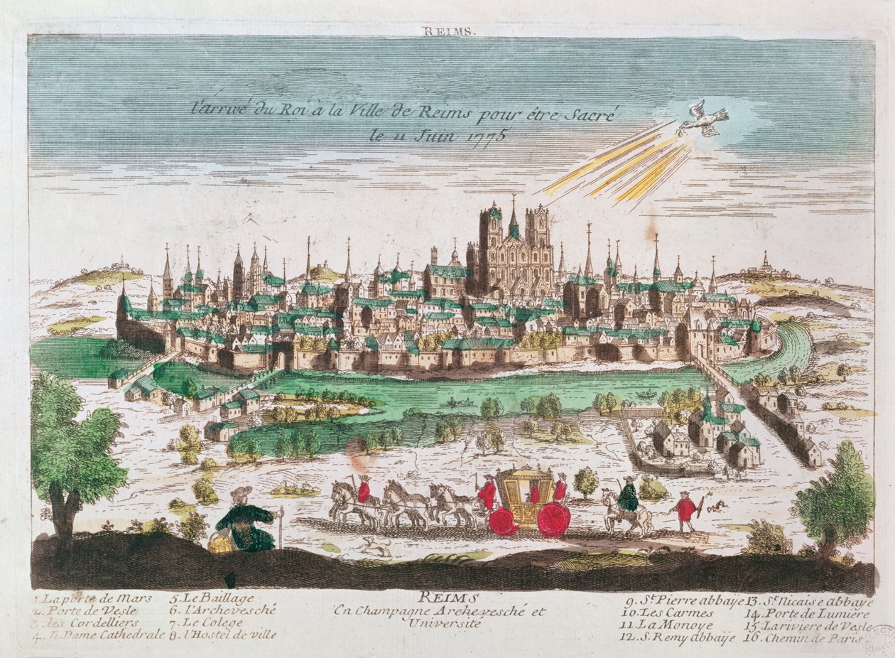 De aankomst van Lodewijk XVI in Reims voor zijn kroning op 11 juni 1775 door French School