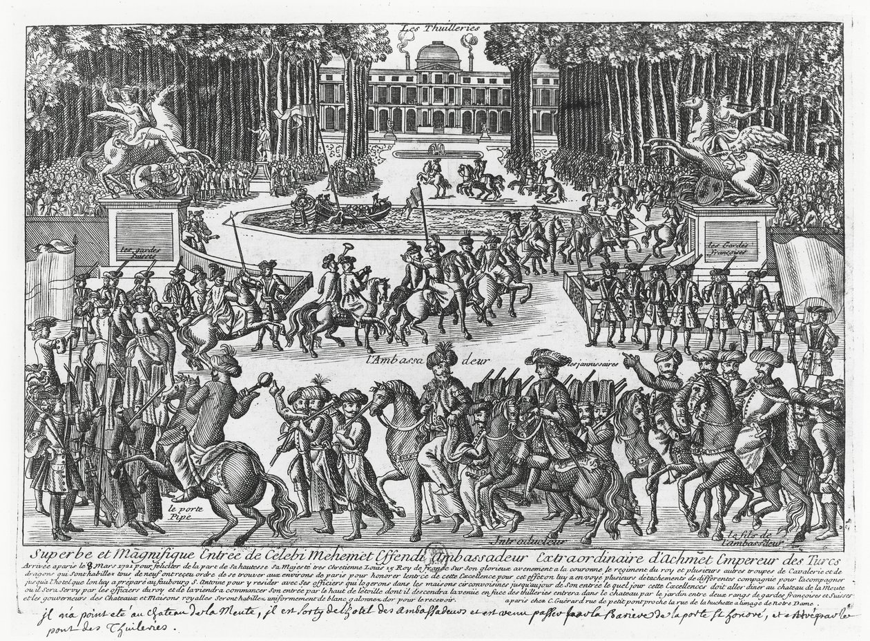 De aankomst van Mehmed Celebi Efendi, ambassadeur van Sultan Ahmed III van Turkije, bij de Tuilerieën om ontvangen te worden door Lodewijk XV in 1721 (gravure) door French School